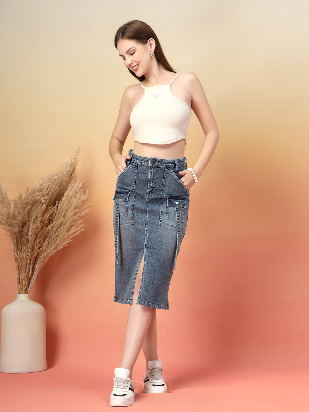 Washed Blue Utility Pocket Denim Midi Skirt