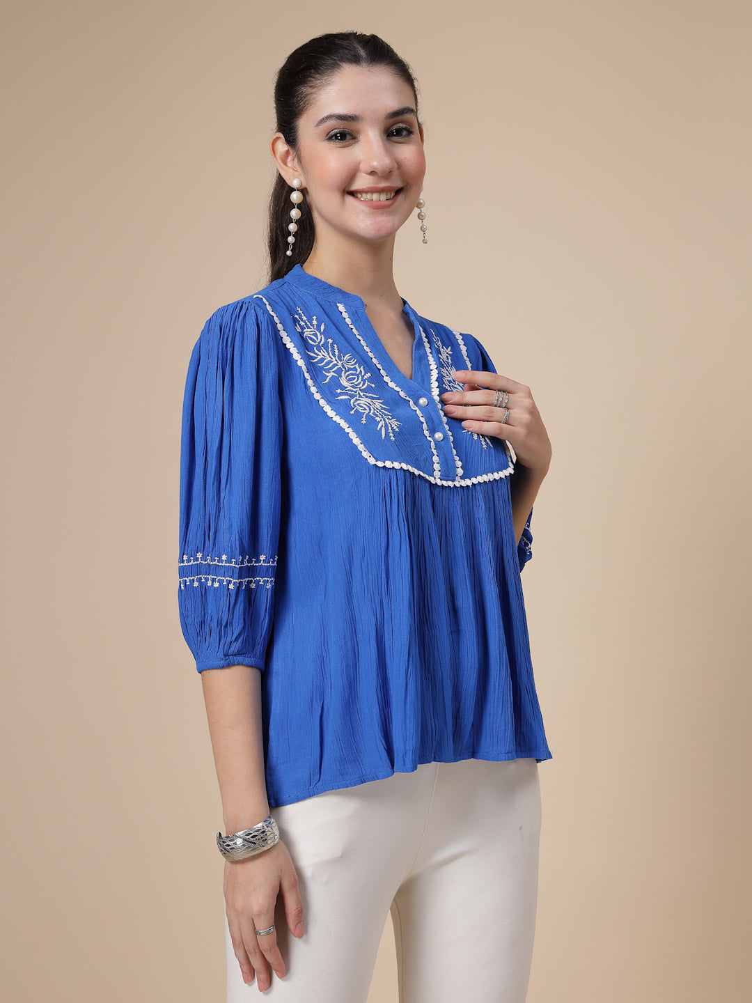 Embroidered Lightweight crinkled Top