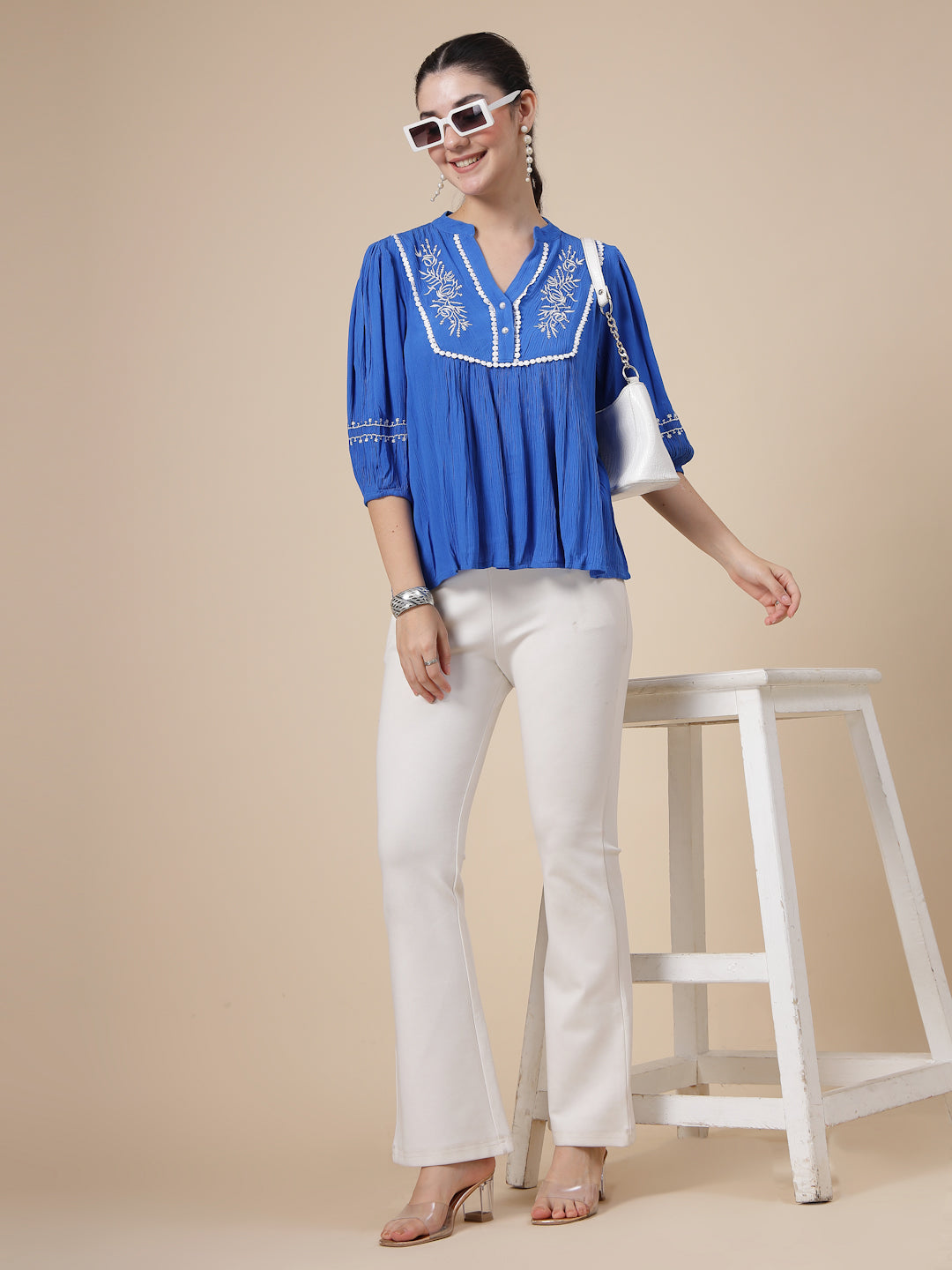 Embroidered Lightweight crinkled Top