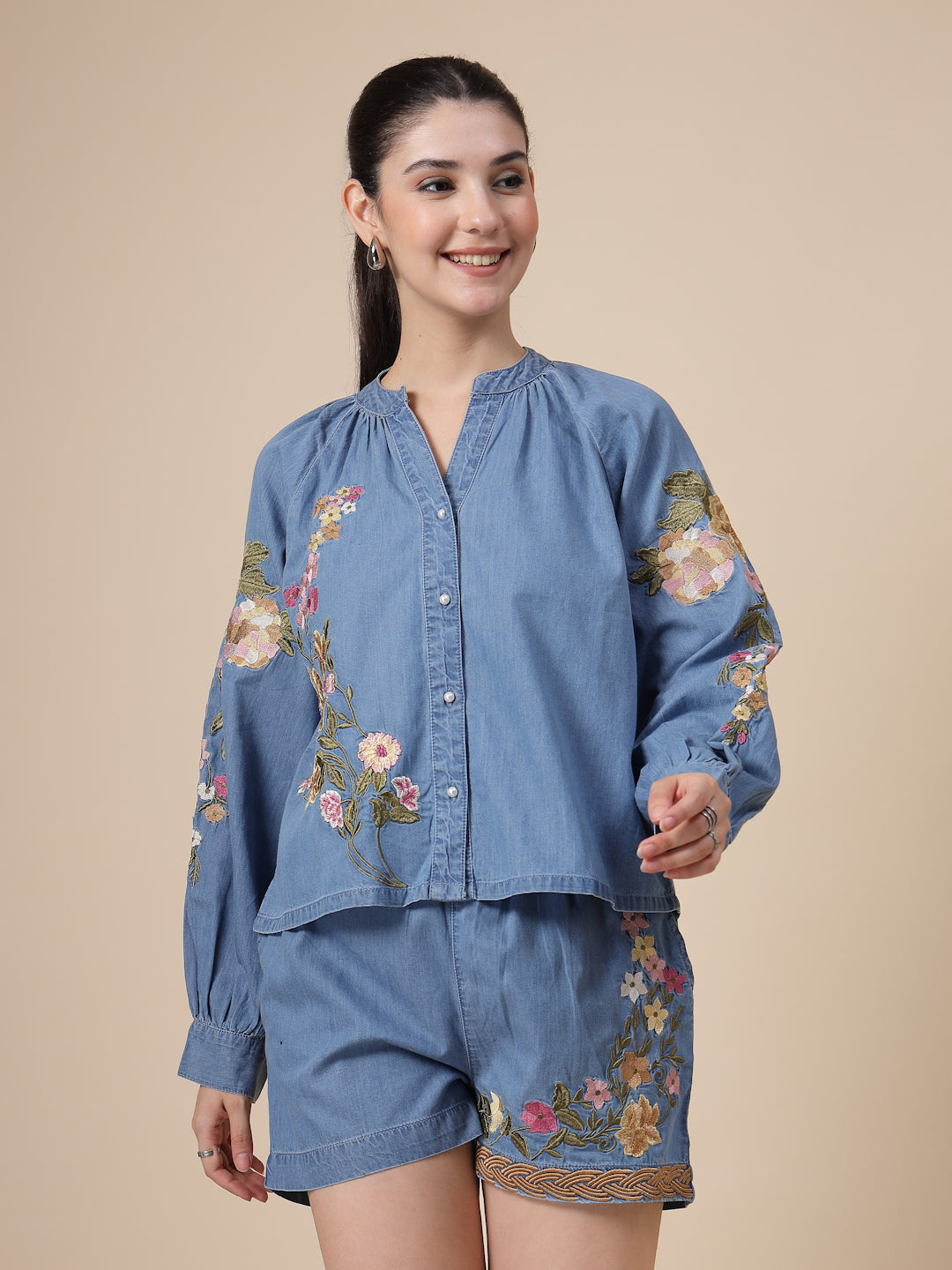 Embroidered Denim Co-ord Set ( Shirts & Shorts)