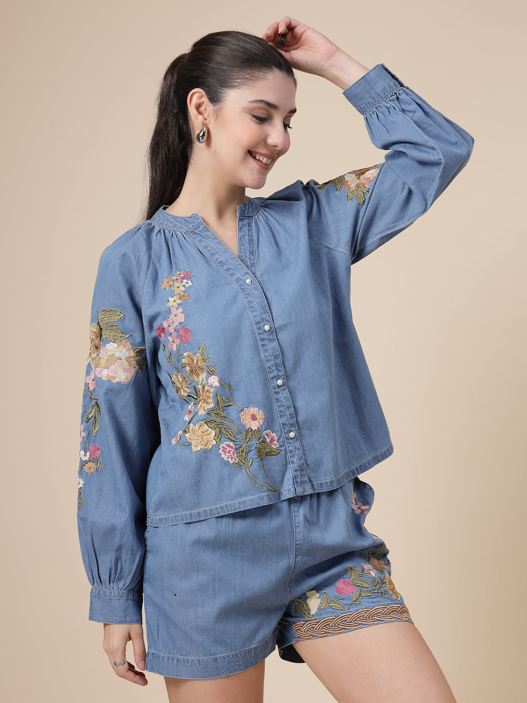 Embroidered Denim Co-ord Set ( Shirts & Shorts)