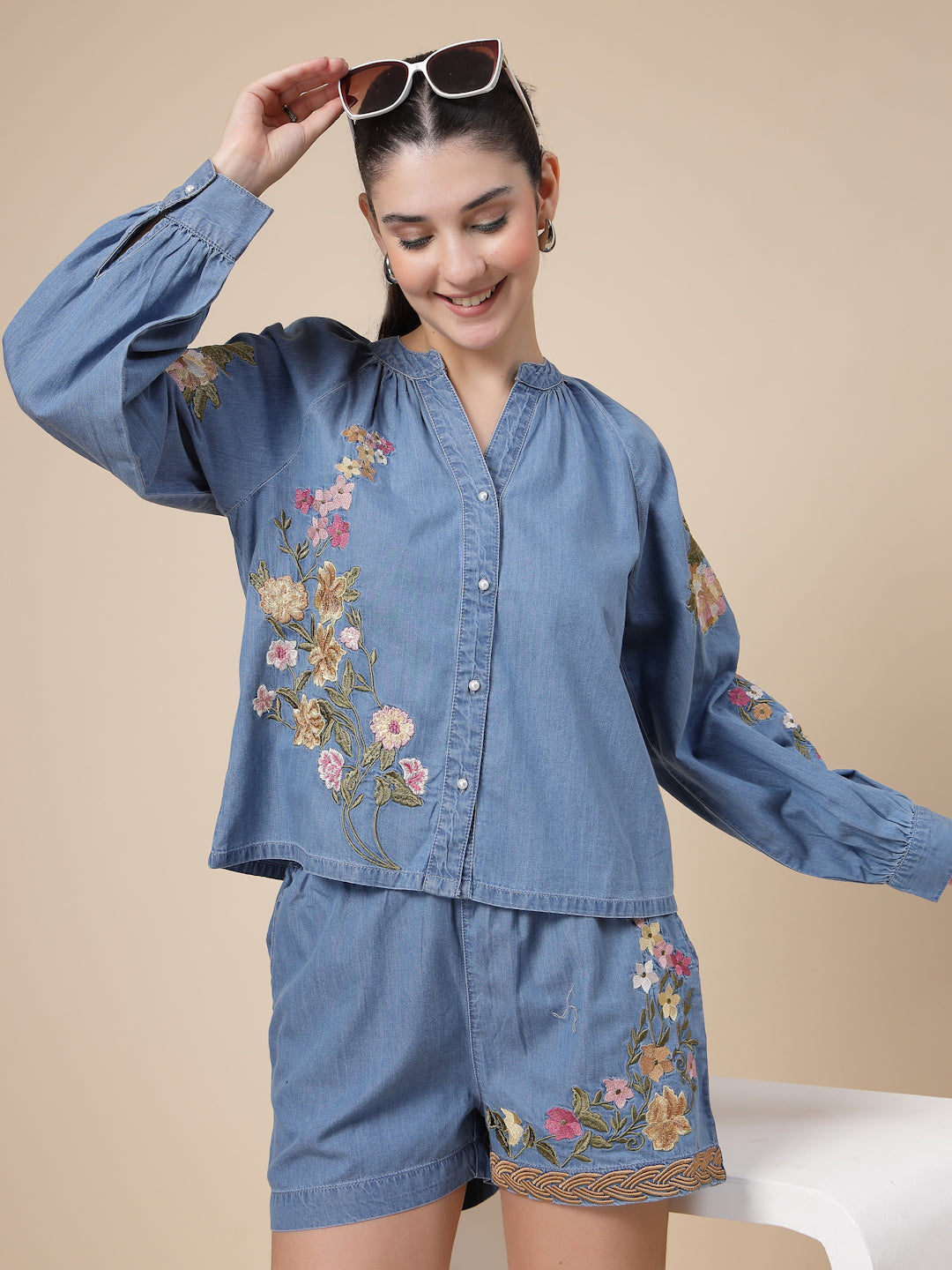 Embroidered Denim Co-ord Set ( Shirts & Shorts)