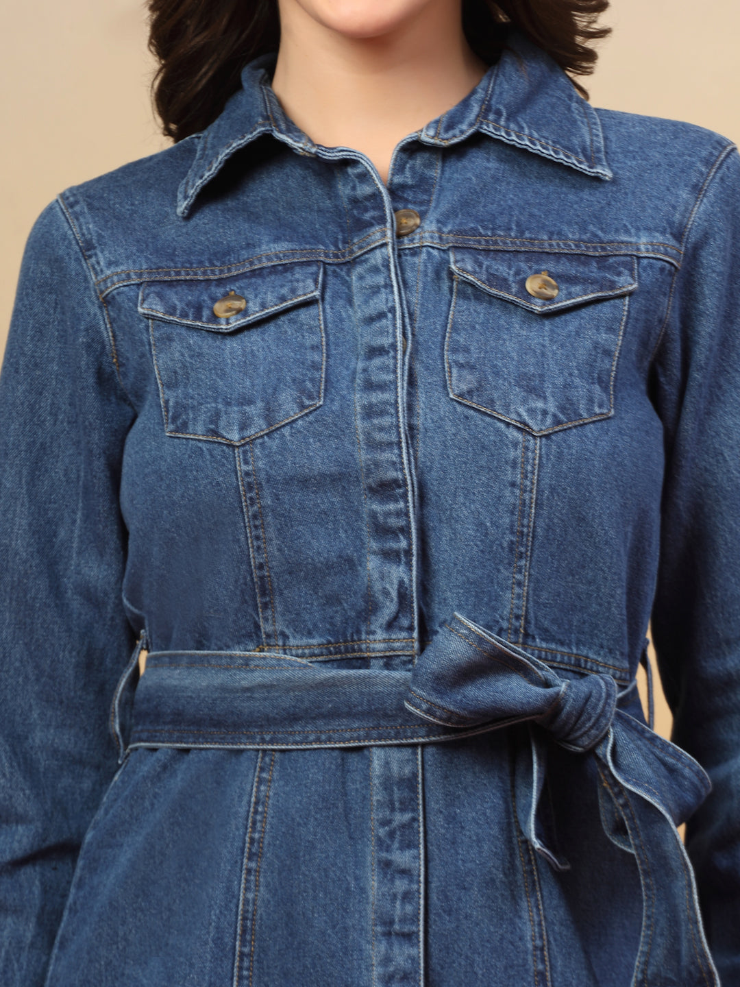 Mid Blue Denim Shirt Dress for Women – Smart Casual Wear
