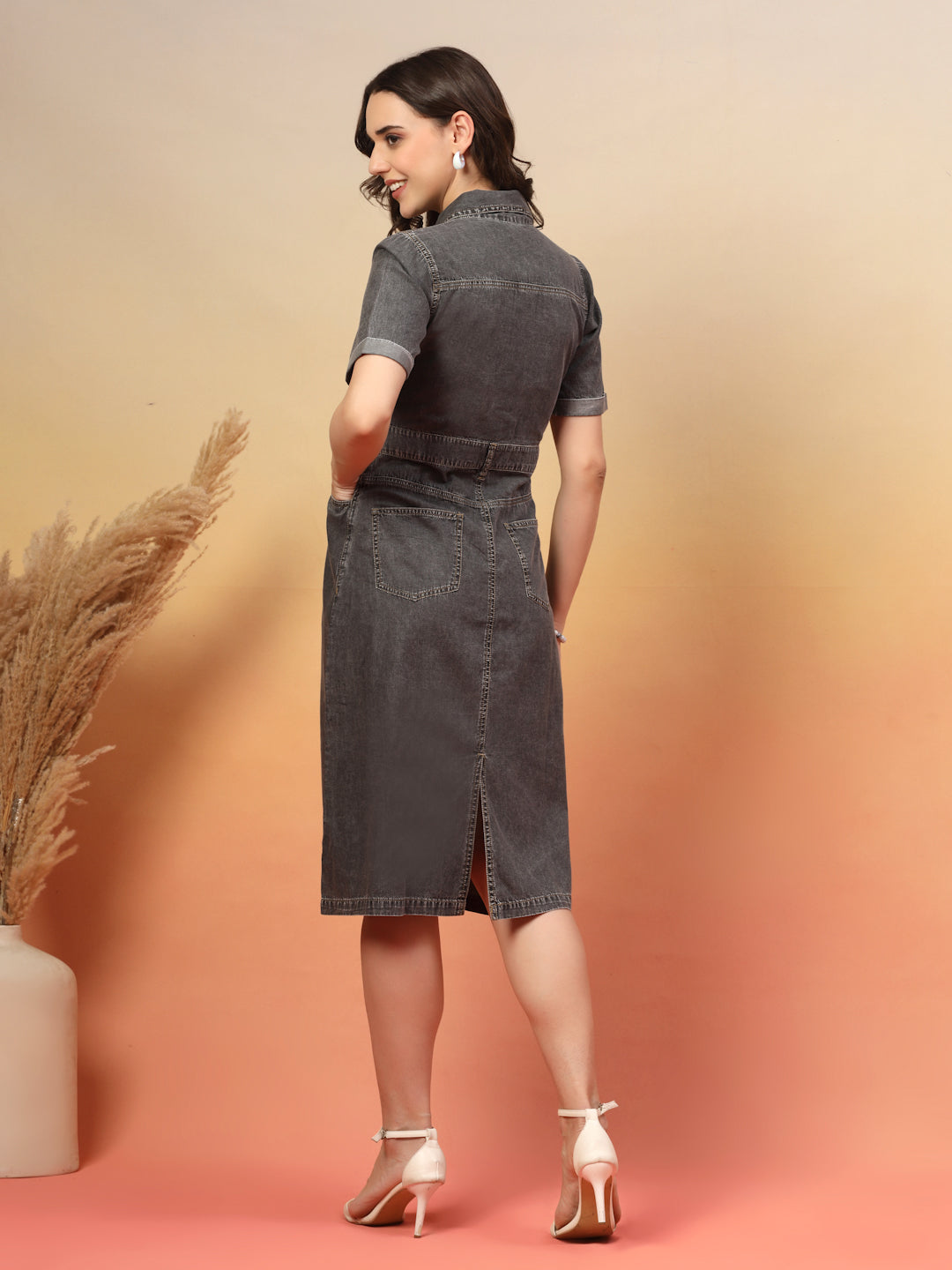 Grey Shaded Denim Shirt Dress for Women with Utility Pockets