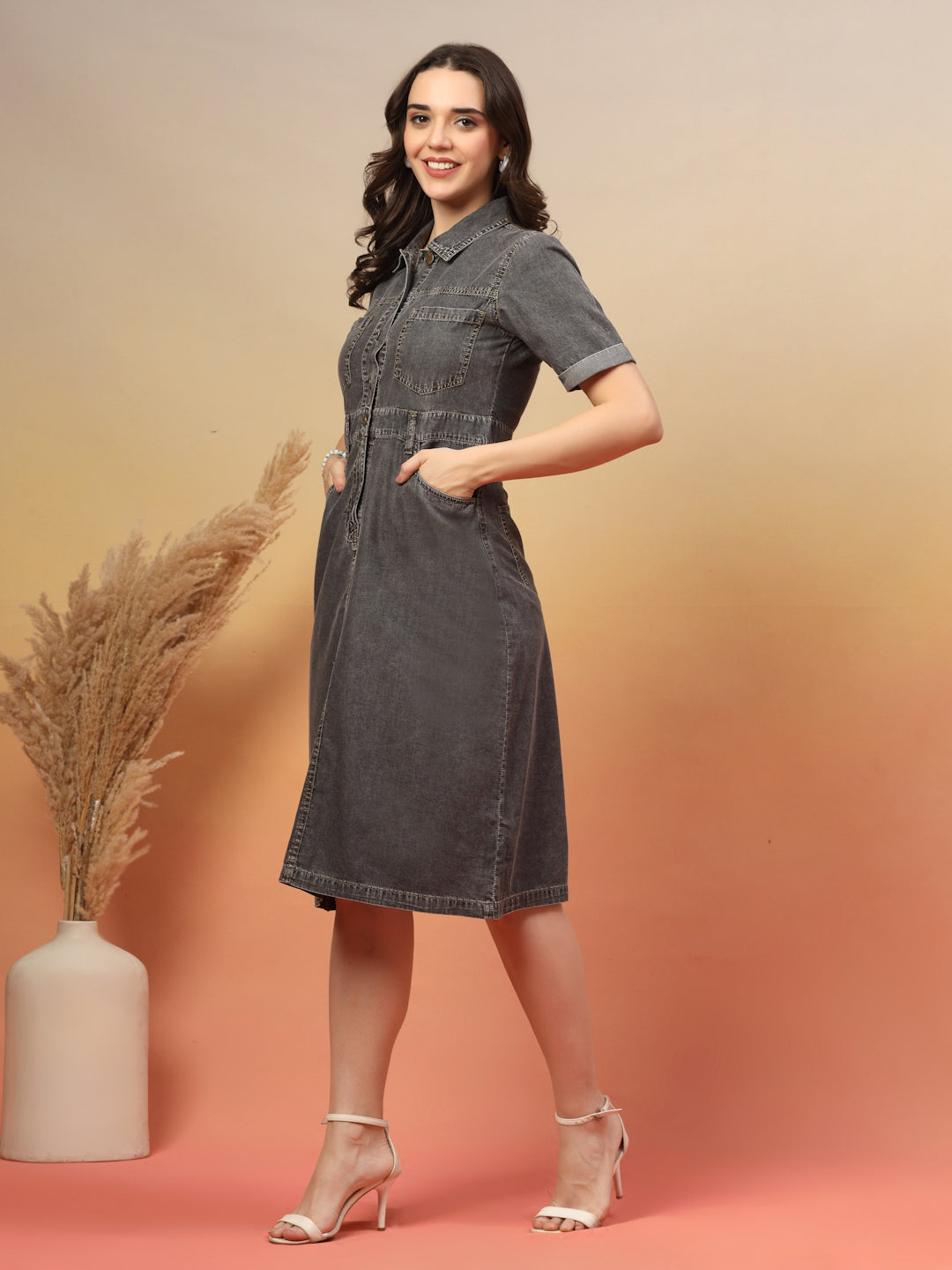 Grey Shaded Denim Shirt Dress for Women with Utility Pockets