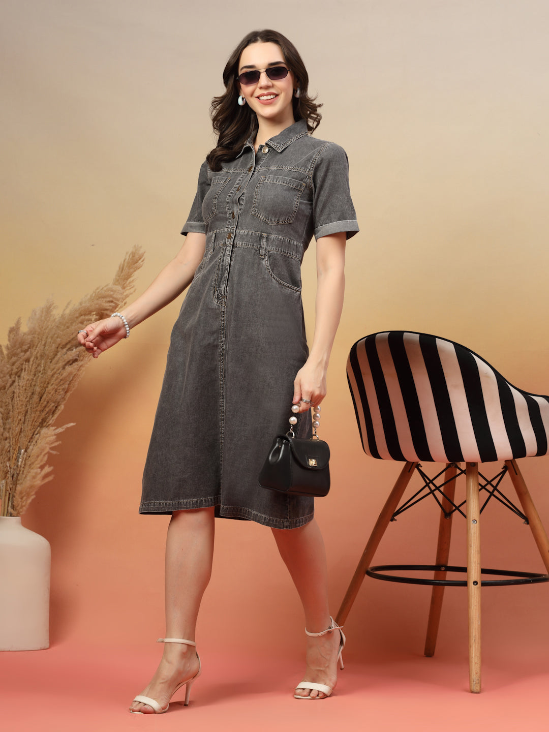 Shirt Collar Denim A-Line Dress