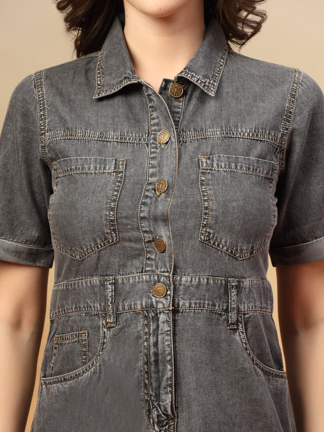Grey Shaded Denim Shirt Dress for Women with Utility Pockets