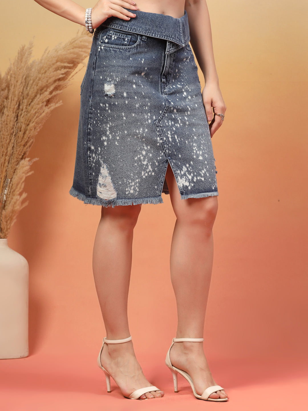 Women Indigo Distressed Denim Skirt