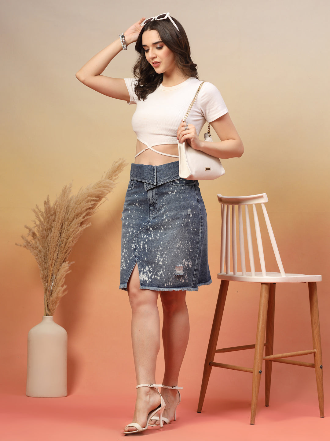 High-Waisted A-Line Knee Length Denim Skirt