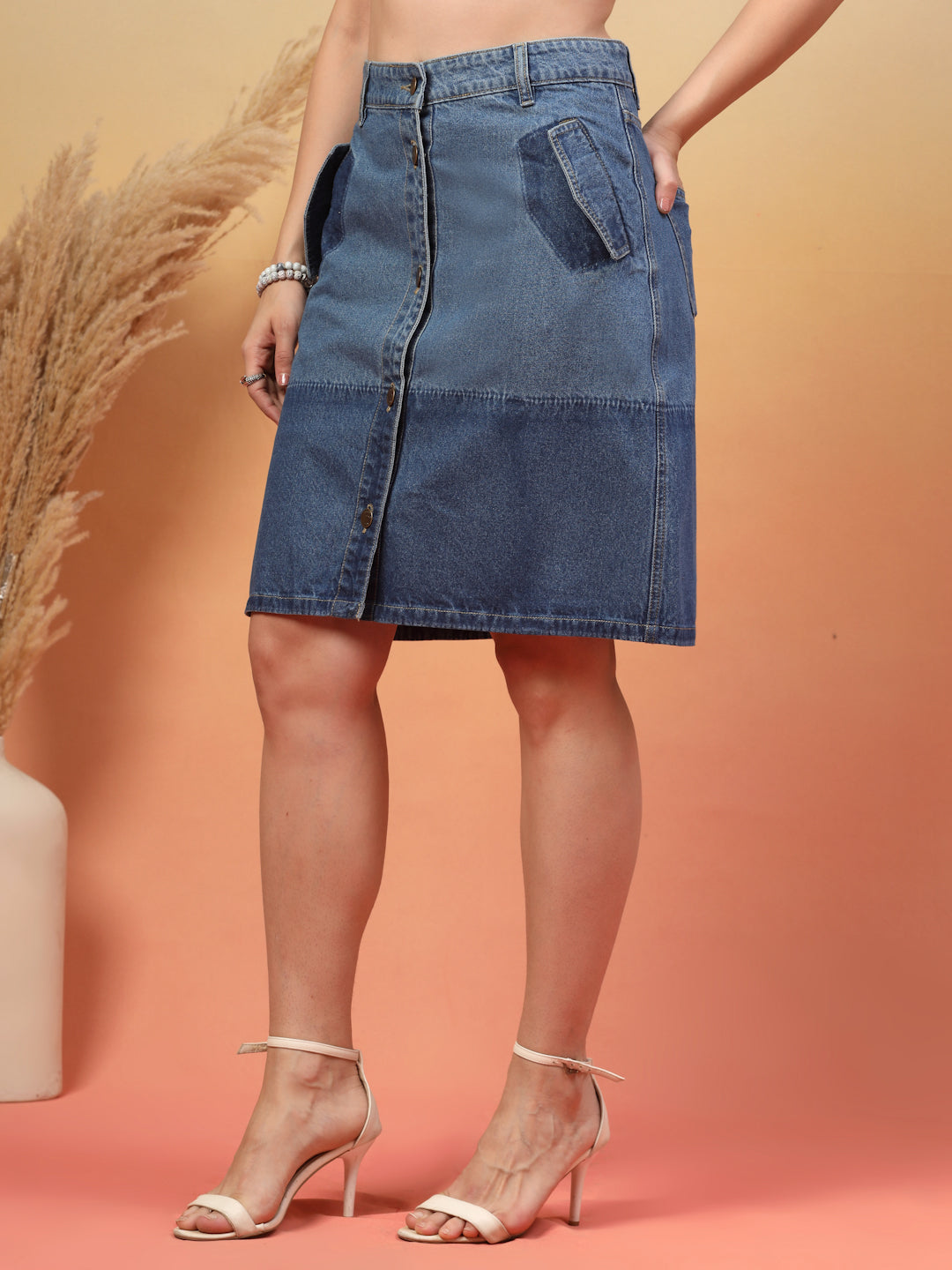 Women Blue A-Line Denim Knee-Length Skirt