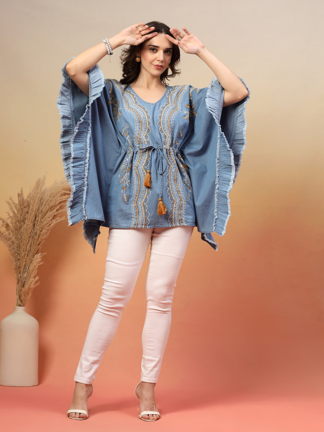 Ethnic Motifs Embroidered Cotton Denim Kaftan Tunic
