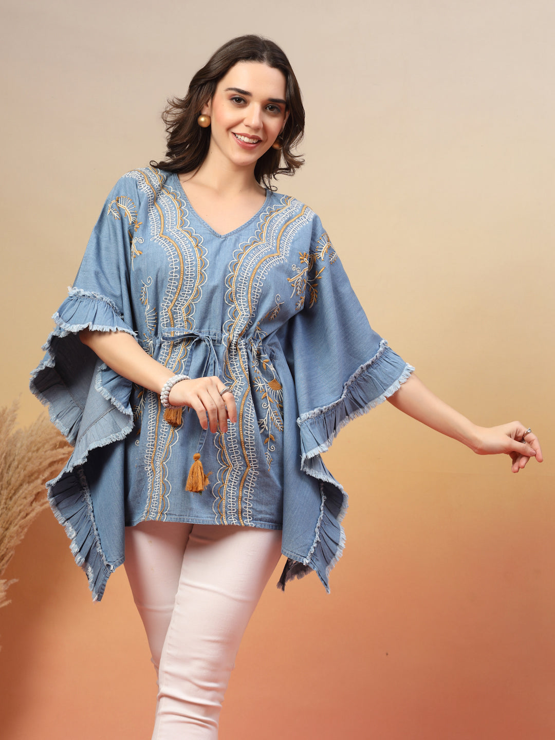 Ethnic Motifs Embroidered Cotton Denim Kaftan Tunic