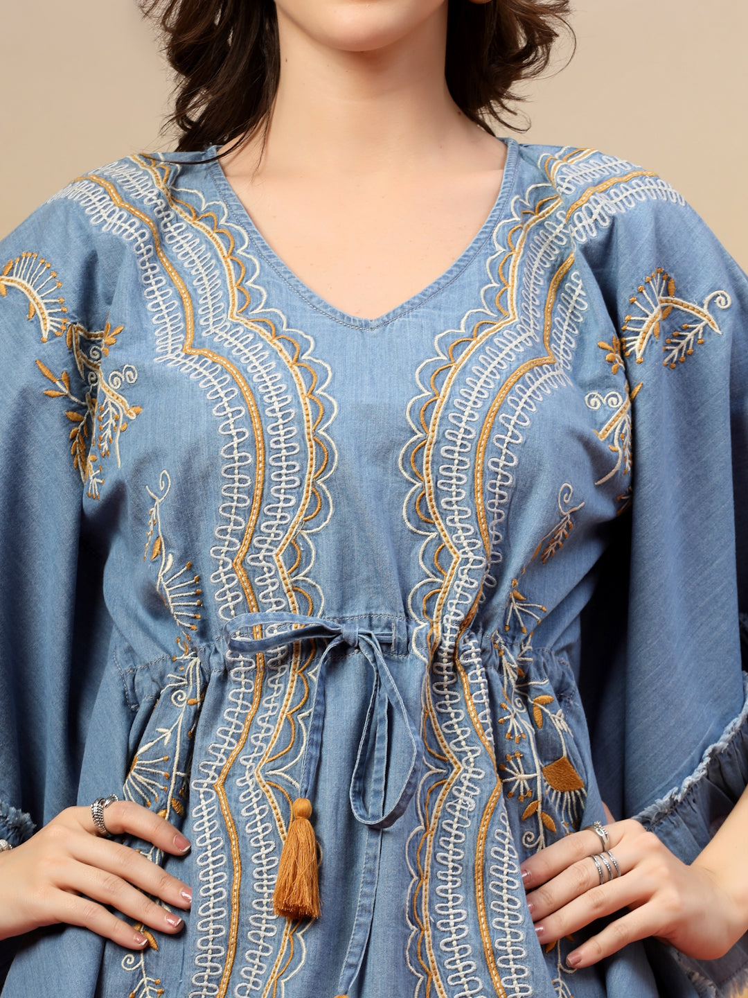 Ethnic Motifs Embroidered Cotton Denim Kaftan Tunic