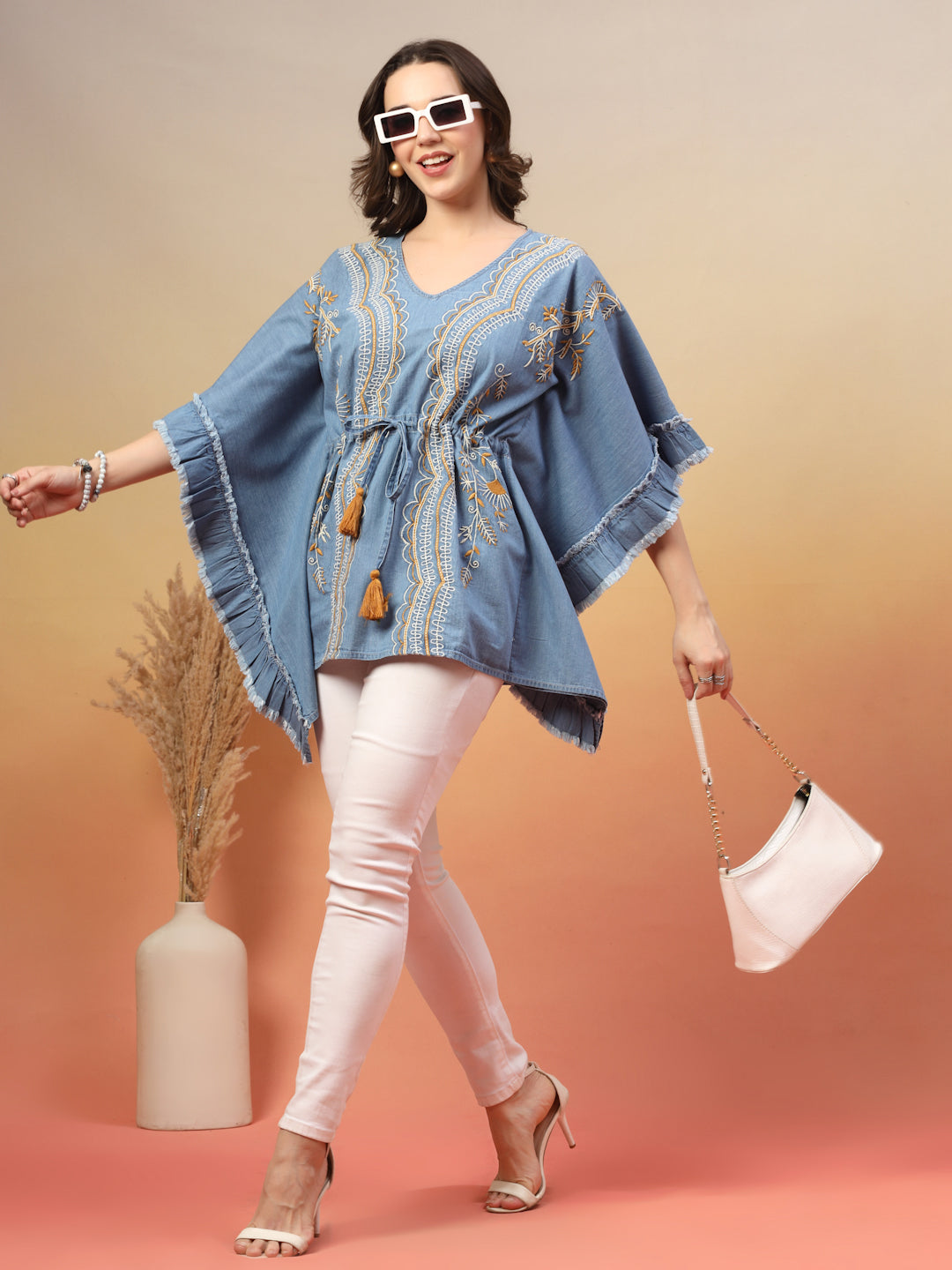 Ethnic Motifs Embroidered Cotton Denim Kaftan Tunic