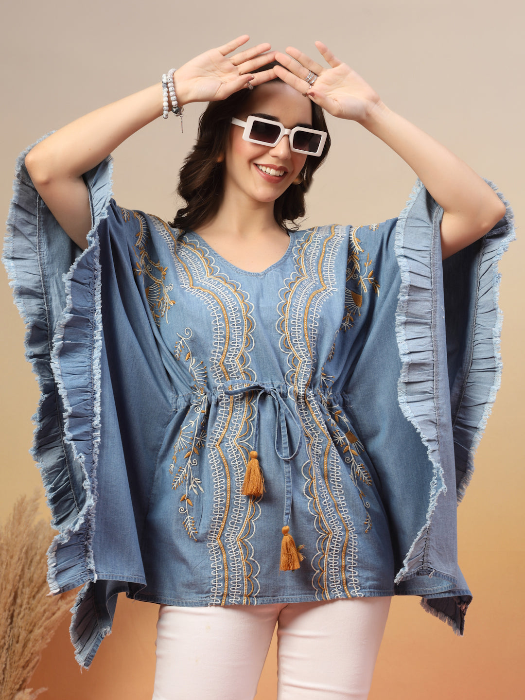 Ethnic Motifs Embroidered Cotton Denim Kaftan Tunic
