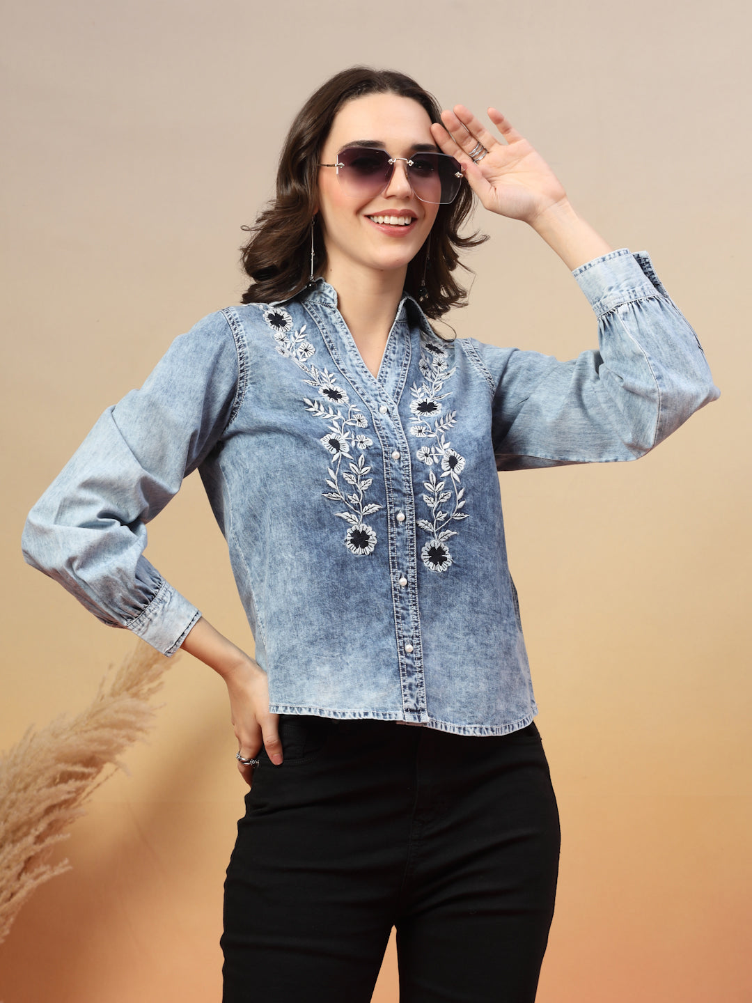 Embroidered Spread Collar Shirt