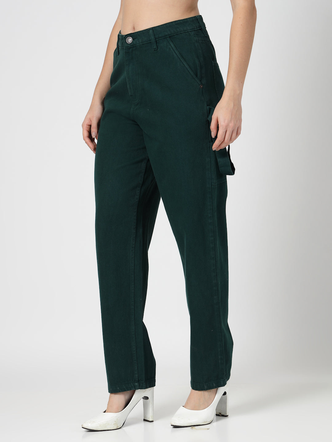 Teal Green Cotton Loose Fit Cargo Denim Pants Women