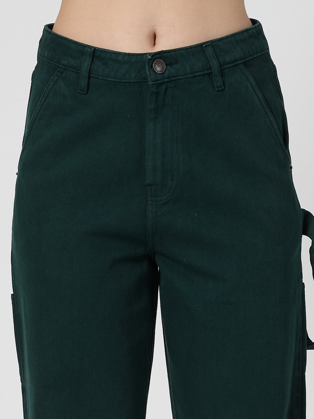 Teal Green Cotton Loose Fit Cargo Denim Pants Women