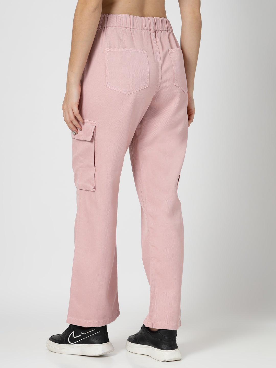 Pink Cotton Straight Fit Cargo Pants Women
