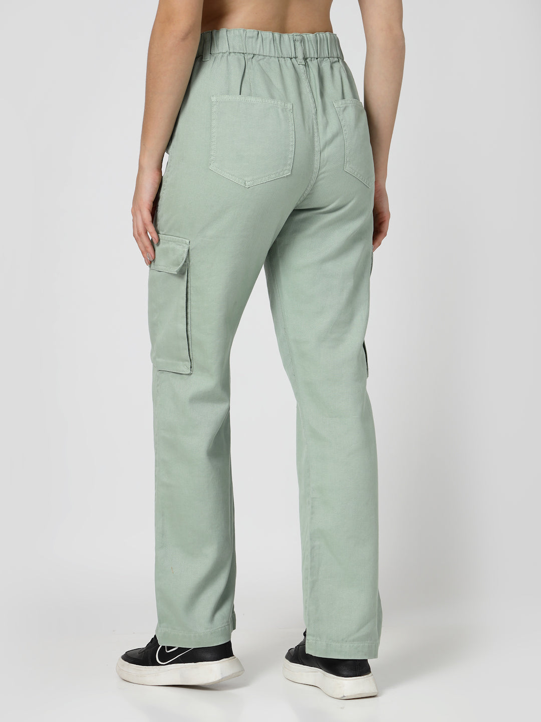 Light Green Cotton Regular Fit Cargo Denim Jeans Women