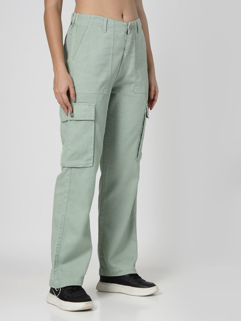 Light Green Cotton Regular Fit Cargo Denim Jeans Women