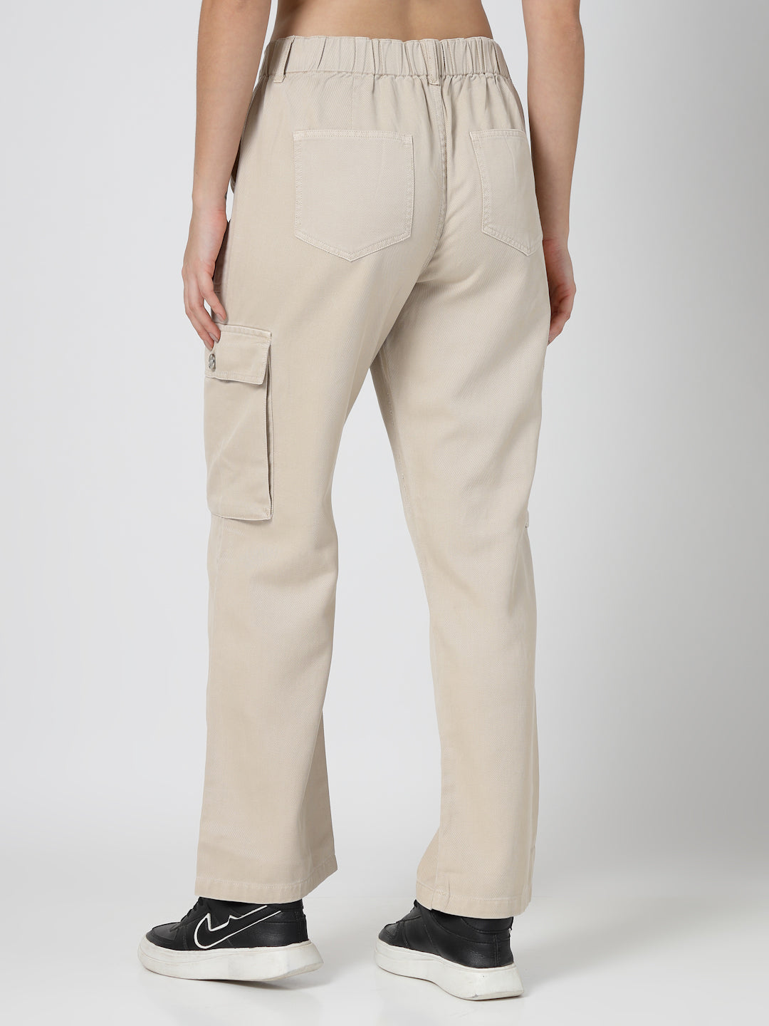 Beige Cotton Straight Fit Cargo Pants Women