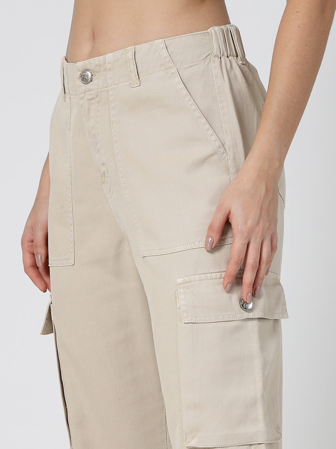 Beige Cotton Straight Fit Cargo Pants Women