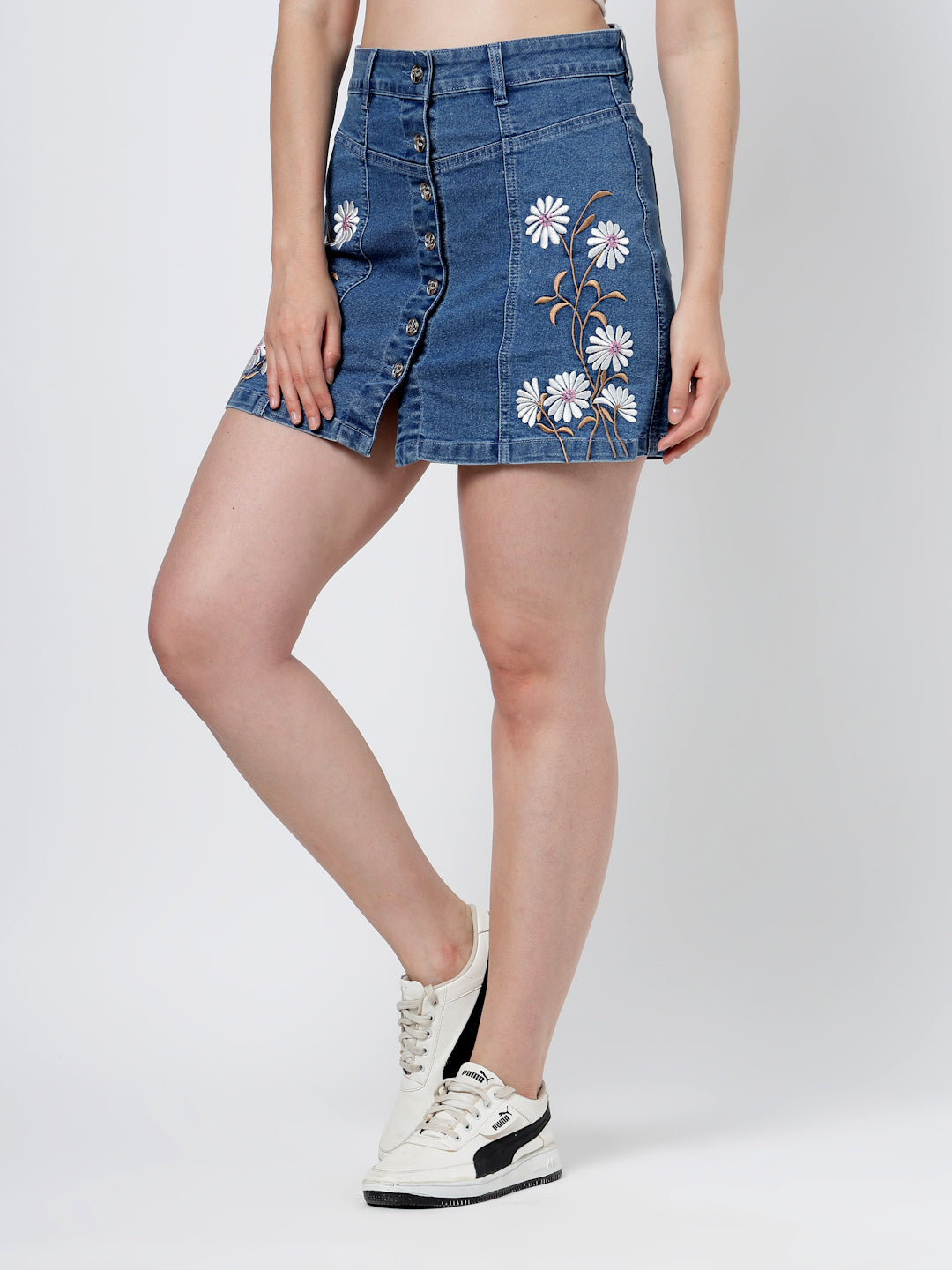 Embroidered Blue Denim Mini Skirt