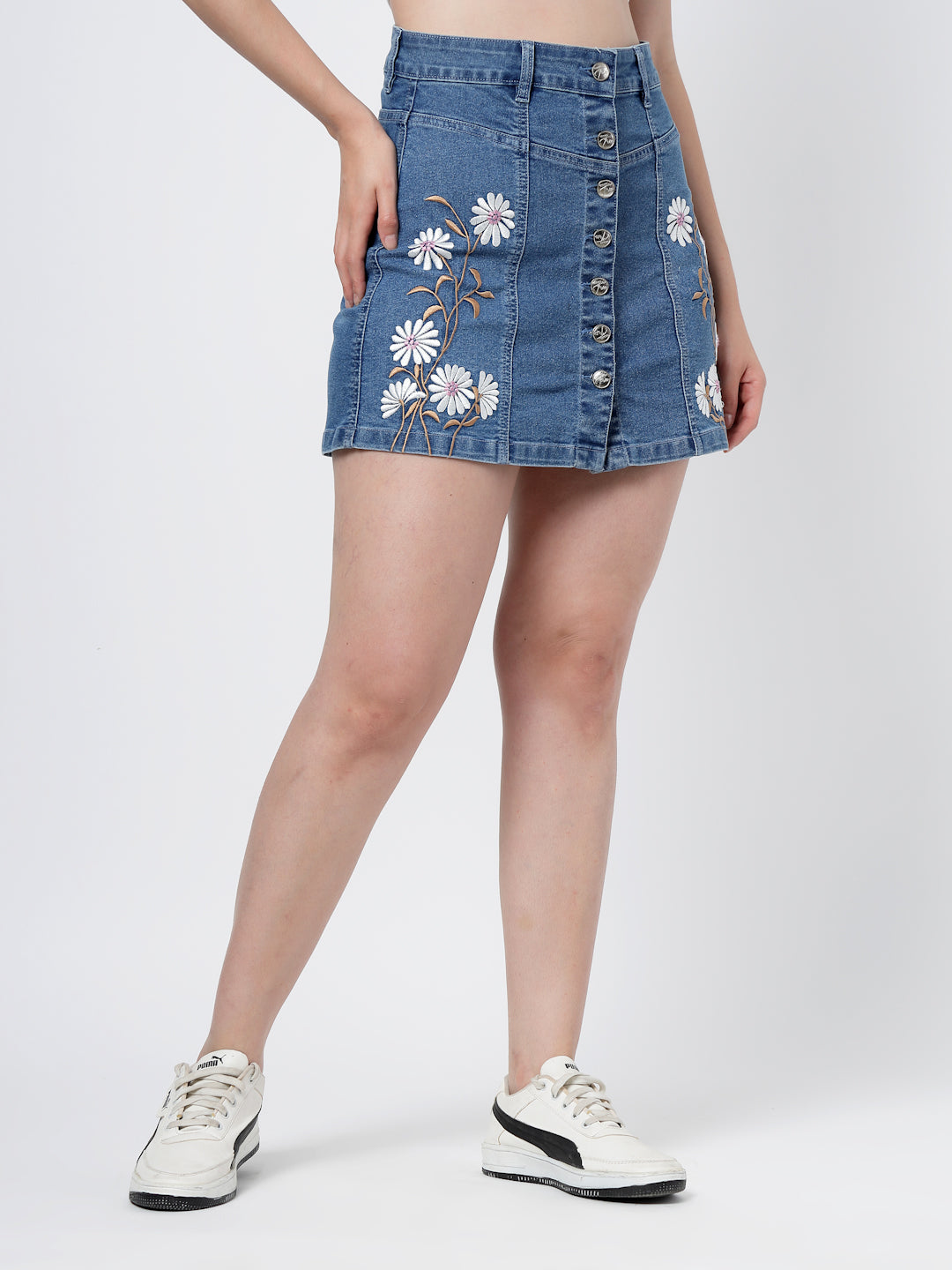 Embroidered Blue Denim Mini Skirt