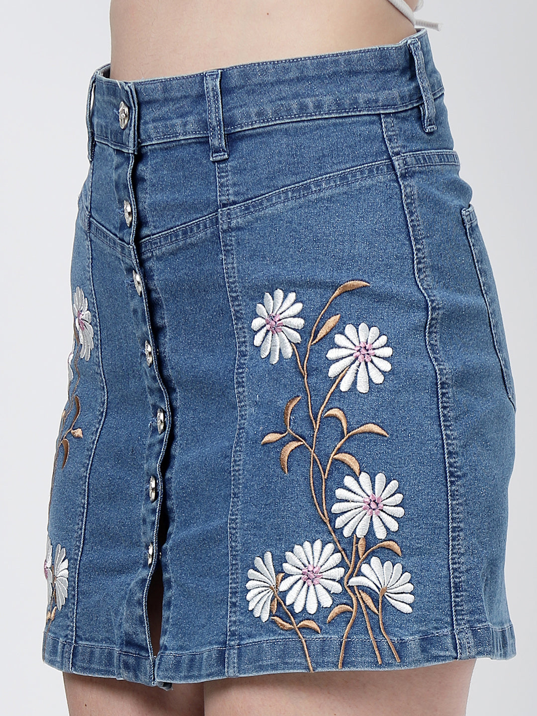 Embroidered Blue Denim Mini Skirt