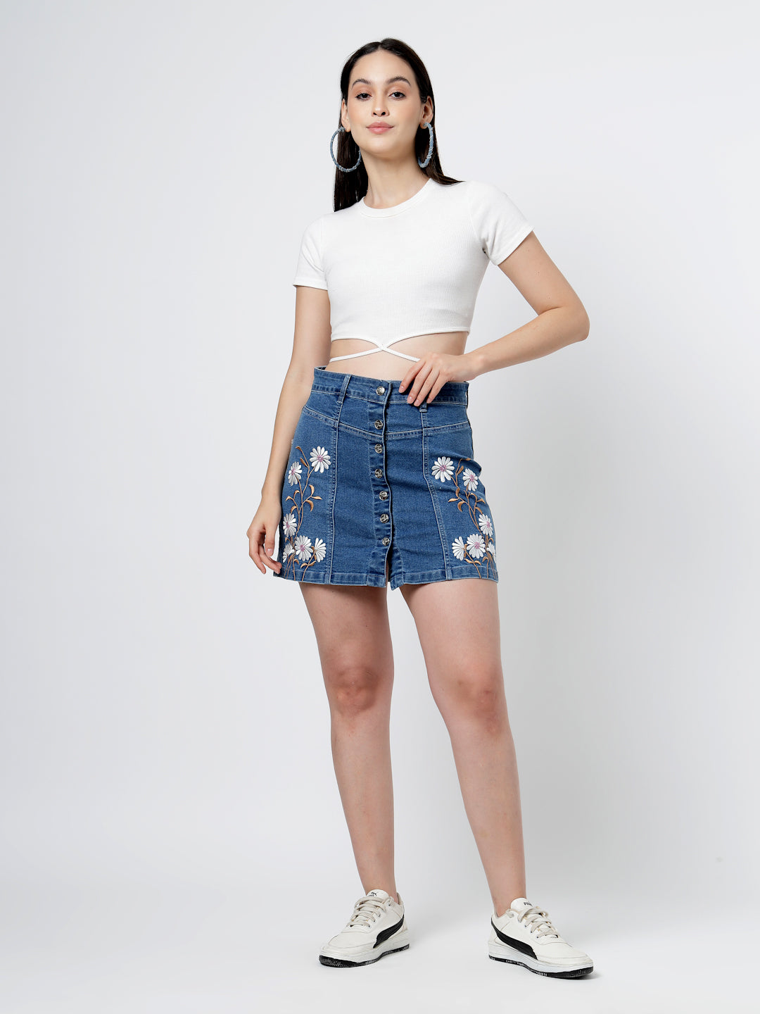 Embroidered Blue Denim Mini Skirt