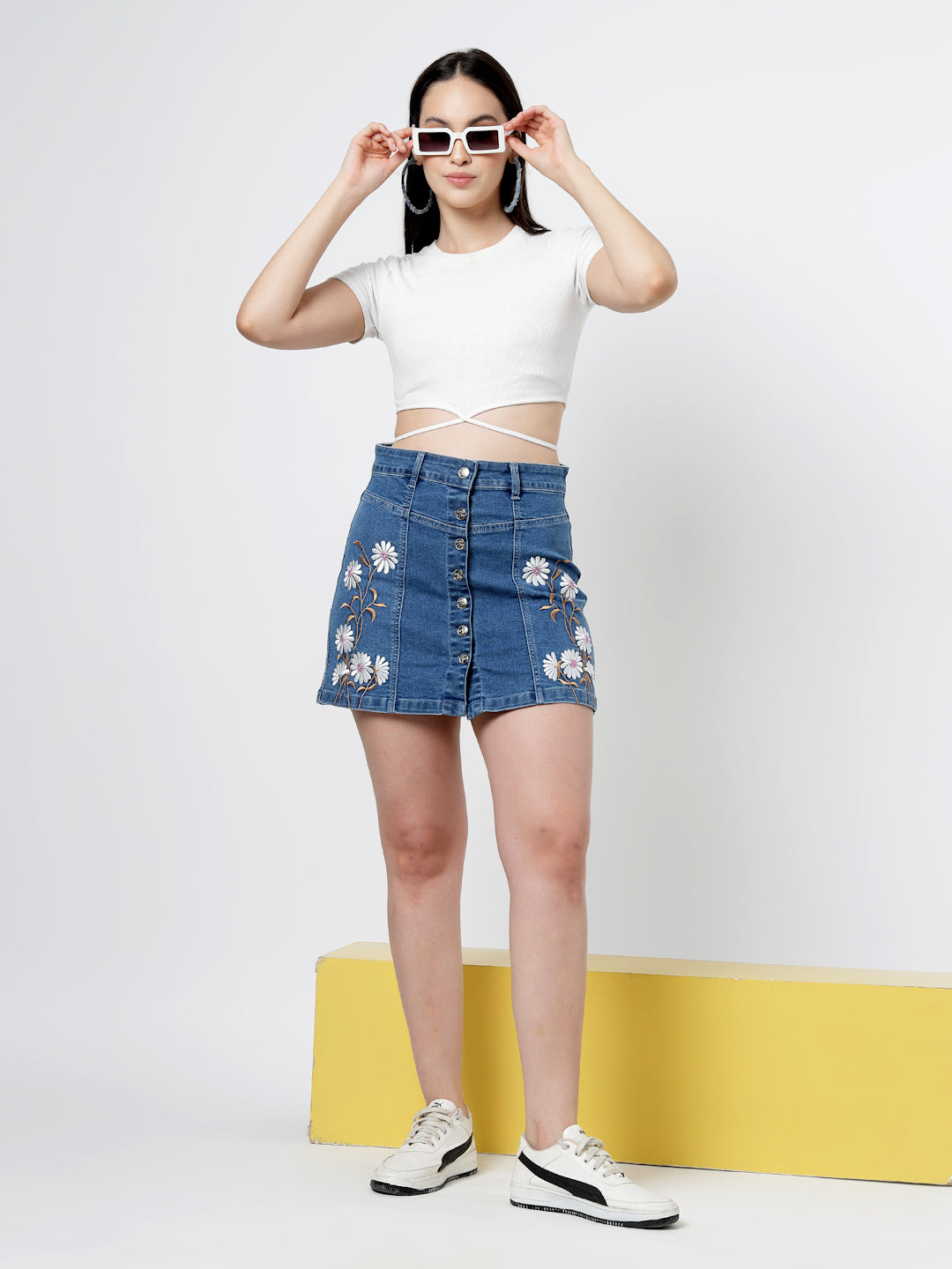Embroidered Blue Denim Mini Skirt