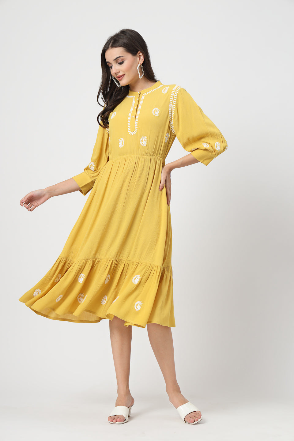 Women A-line Mustard Embroidered Dress