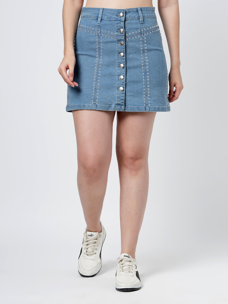 Hot Fix Detailed Cotton Blend Mini Skirt