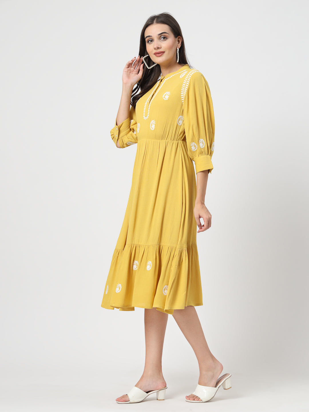 Women A-line Mustard Embroidered Dress