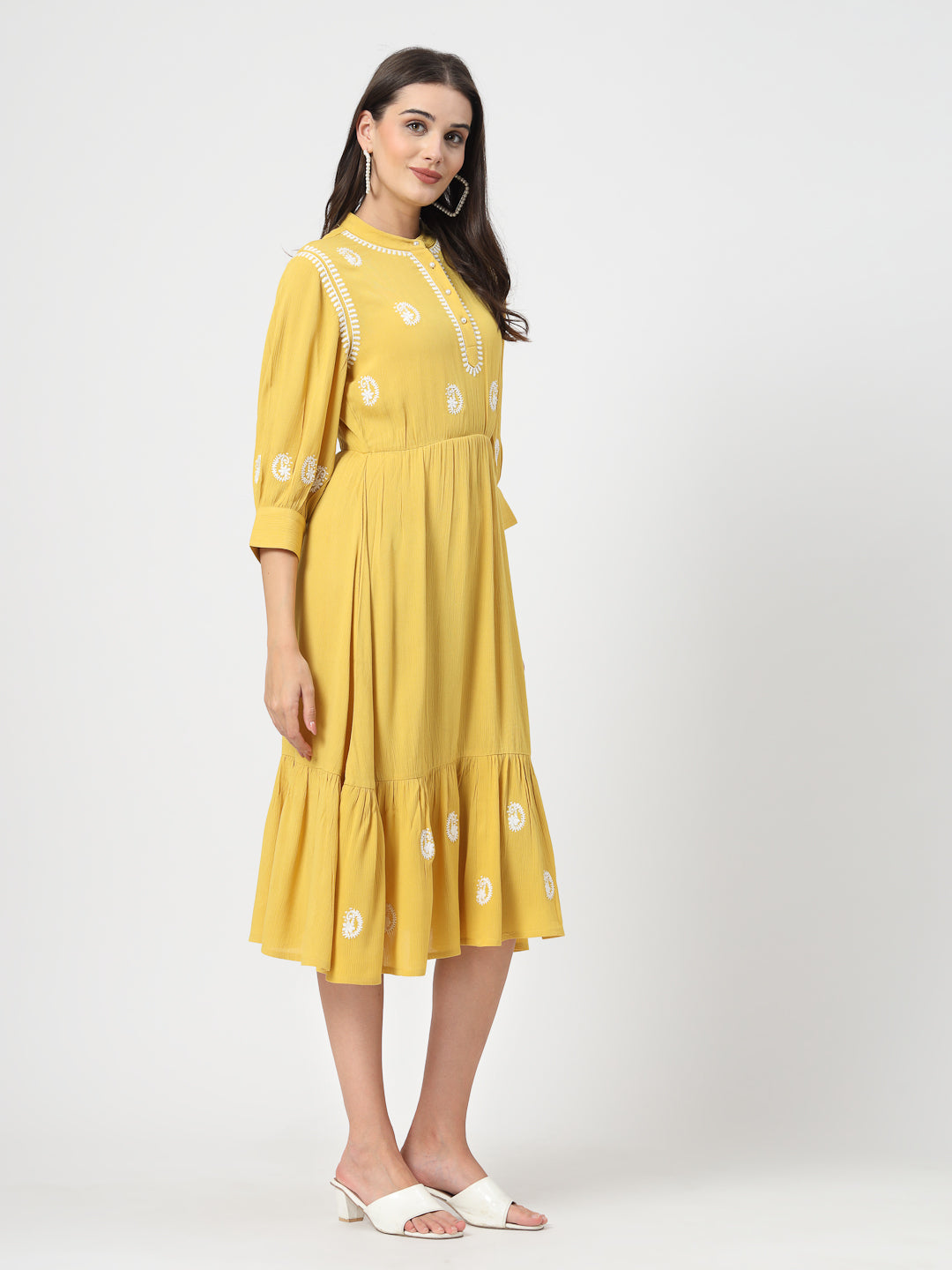 Women A-line Mustard Embroidered Dress