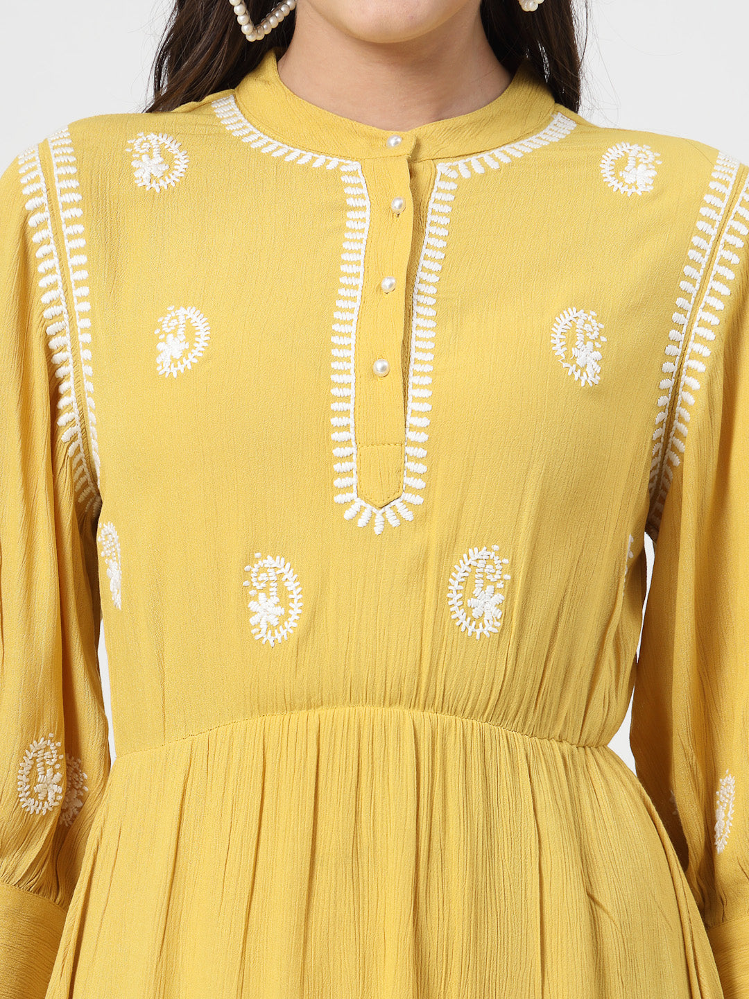 Women A-line Mustard Embroidered Dress