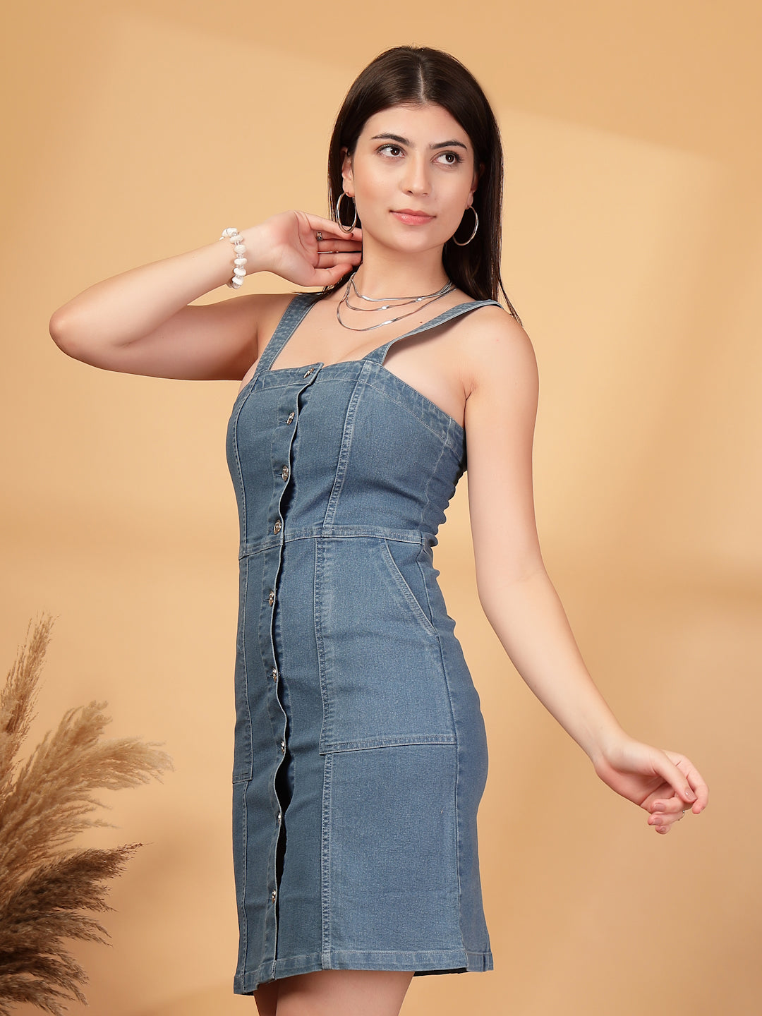 Women Blue Denim Shirt Type Party Dress – Square Neck, Fitted Style