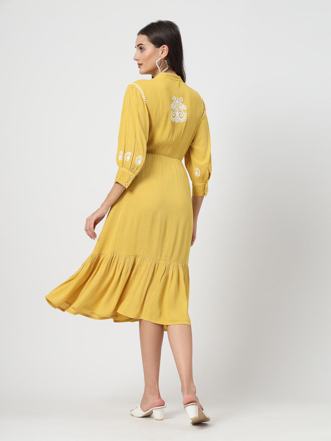 Women A-line Mustard Embroidered Dress