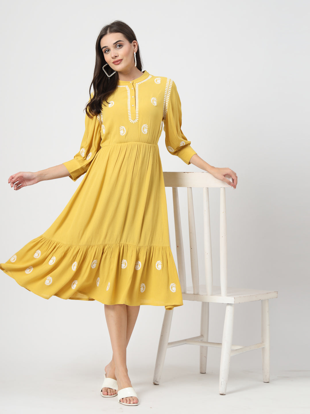 Women A-line Mustard Embroidered Dress