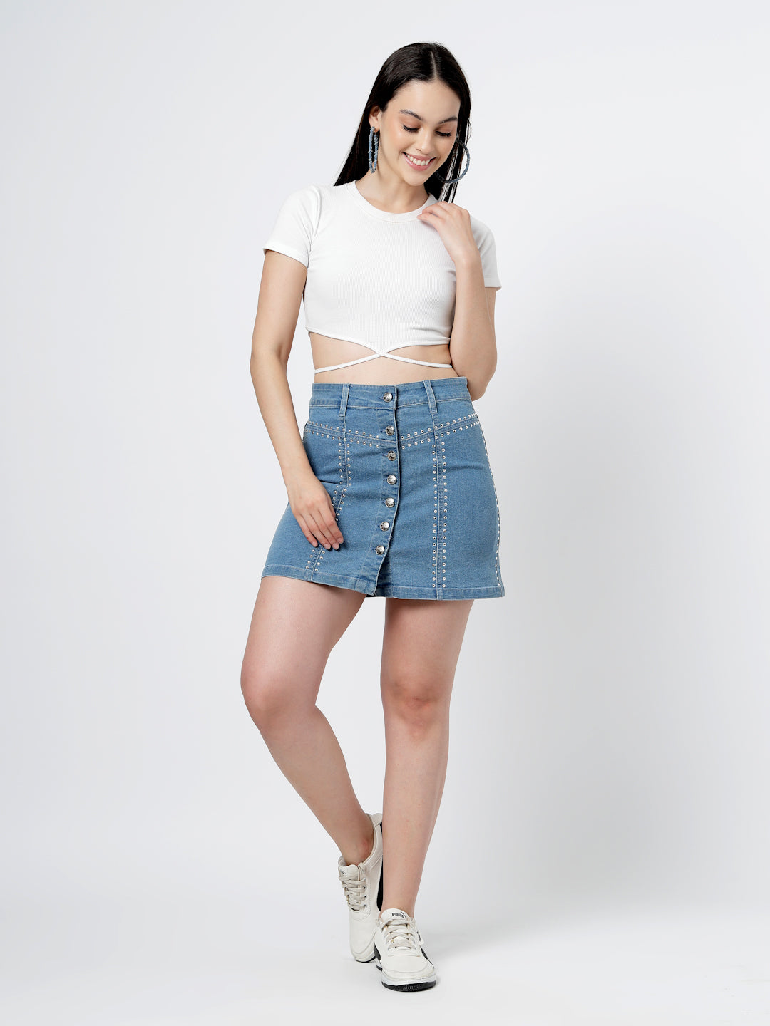 Hot Fix Detailed Cotton Blend Mini Skirt