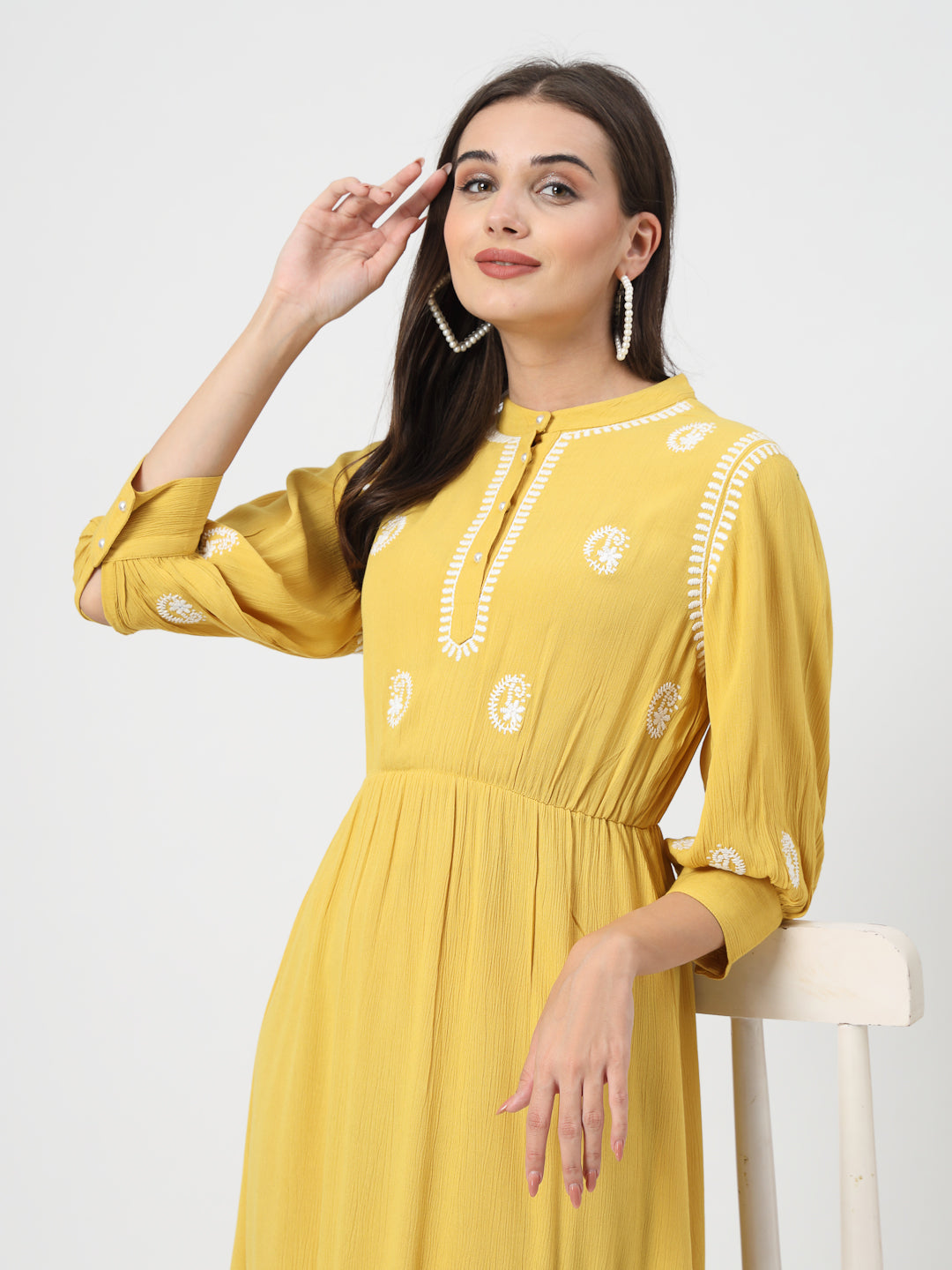 Women A-line Mustard Embroidered Dress