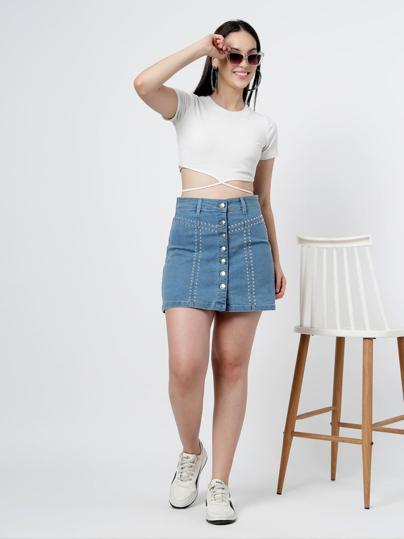 Hot Fix Detailed Cotton Blend Mini Skirt