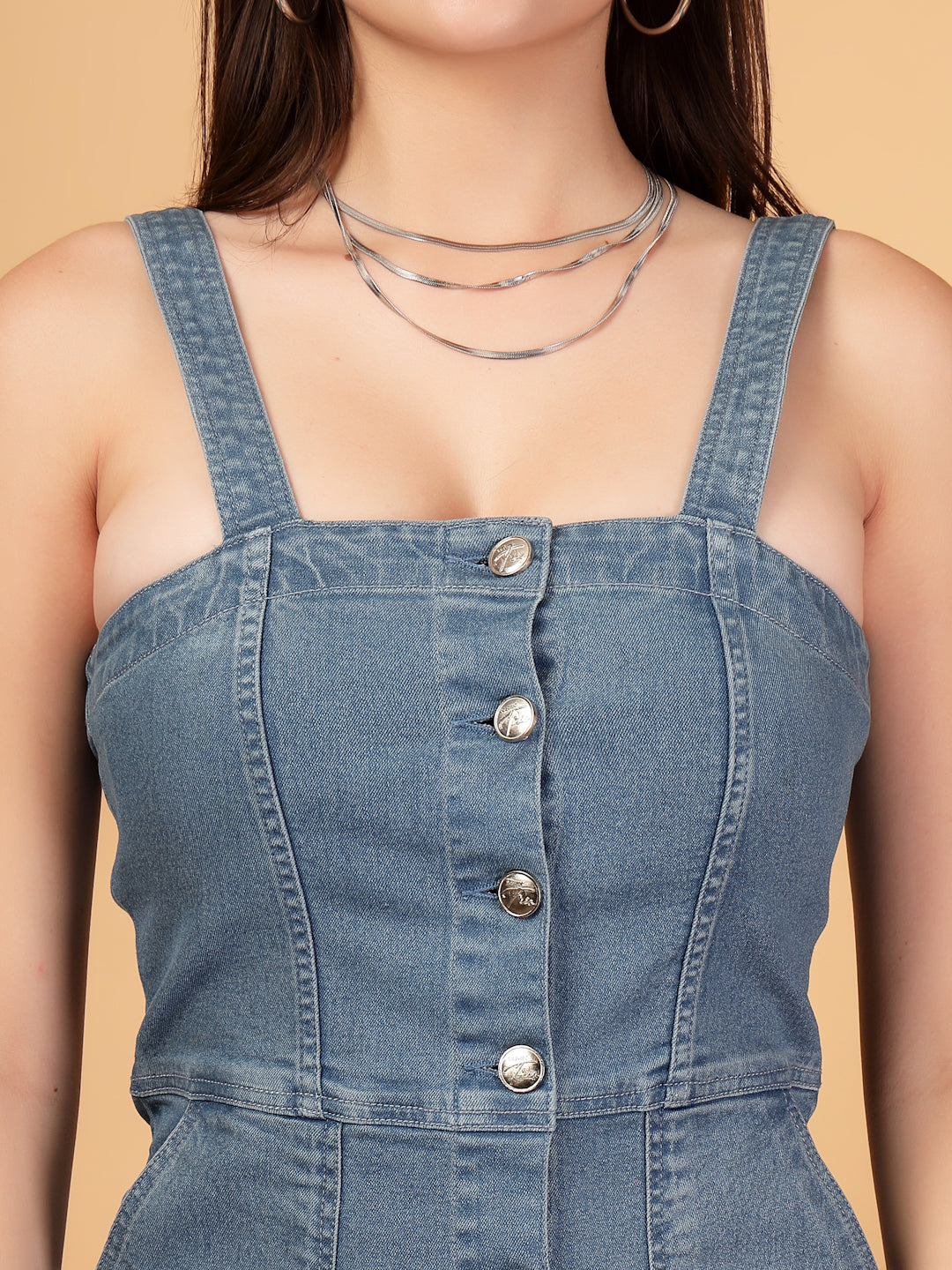 Women Blue Denim Shirt Type Party Dress – Square Neck, Fitted Style