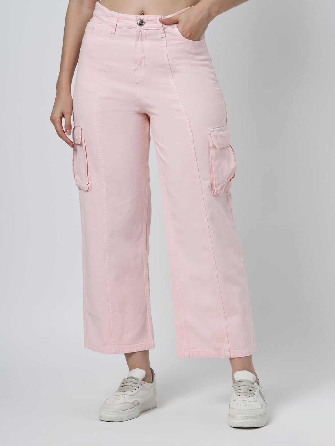 Solid Cotton Relaxed Straight Leg Loose Fit Cargos Trousers