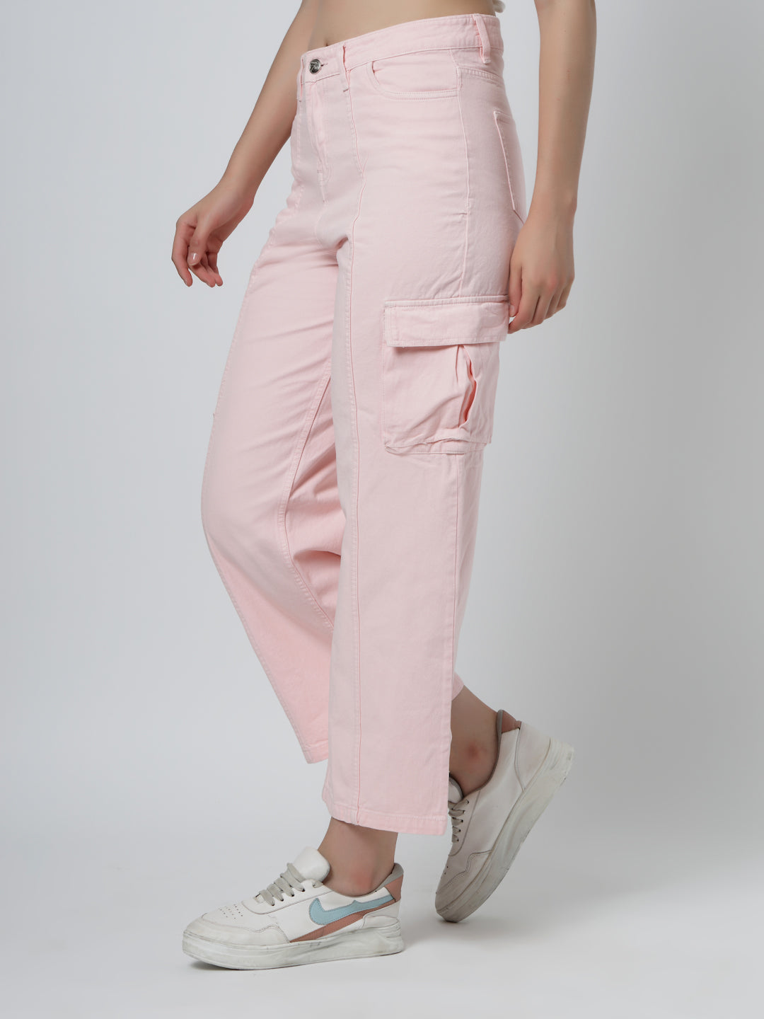 Solid Cotton Relaxed Straight Leg Loose Fit Cargos Trousers