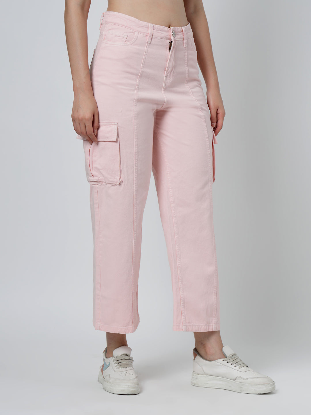 Solid Cotton Relaxed Straight Leg Loose Fit Cargos Trousers