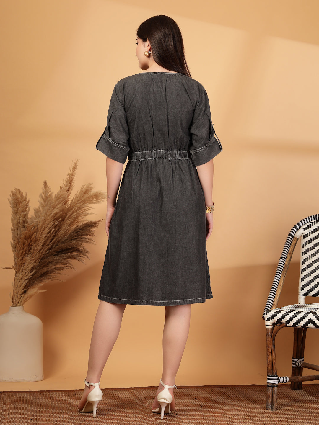 Grey Denim Shirt Dress for Women with A-Line Fit