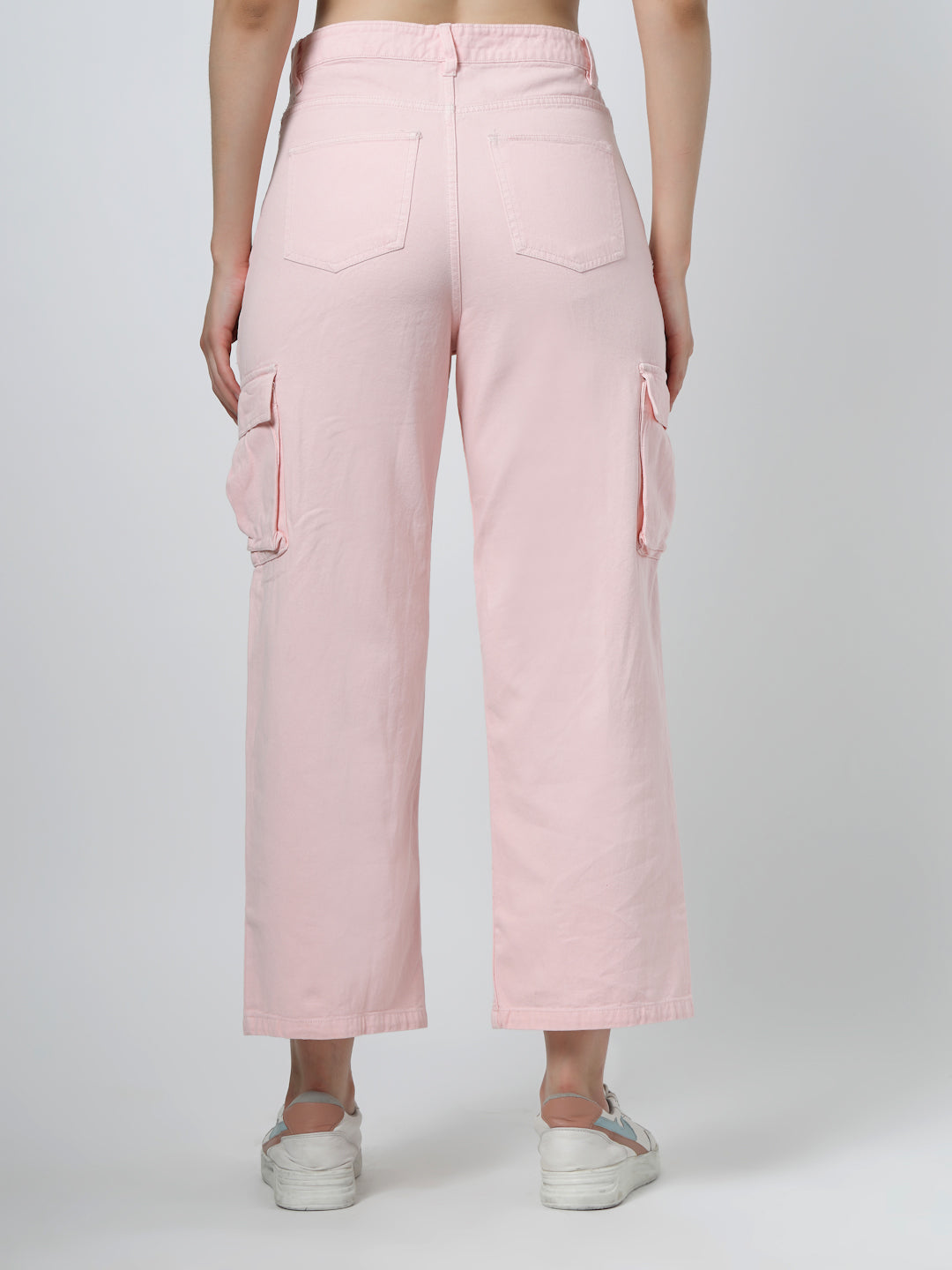 Solid Cotton Relaxed Straight Leg Loose Fit Cargos Trousers