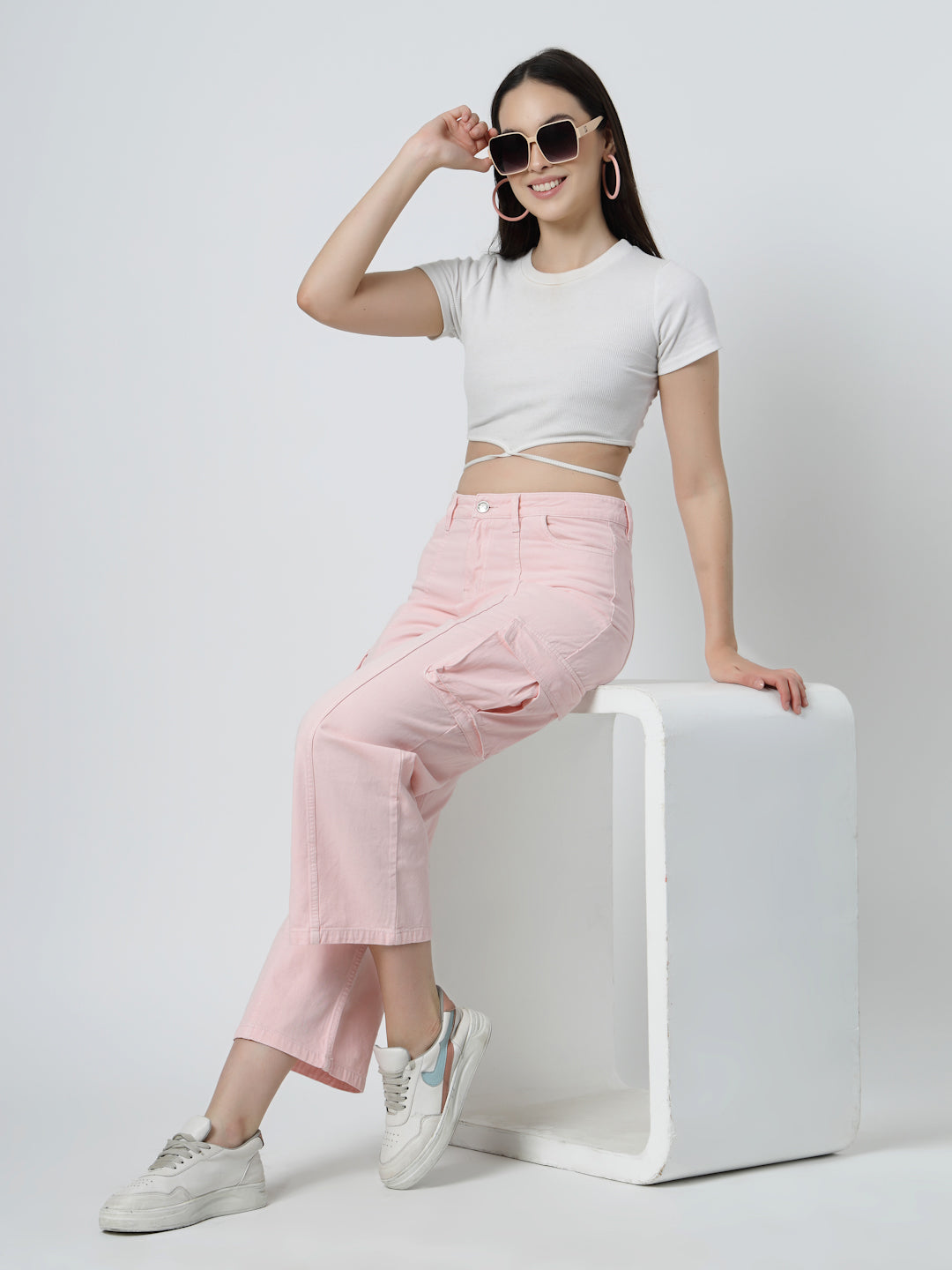 Solid Cotton Relaxed Straight Leg Loose Fit Cargos Trousers